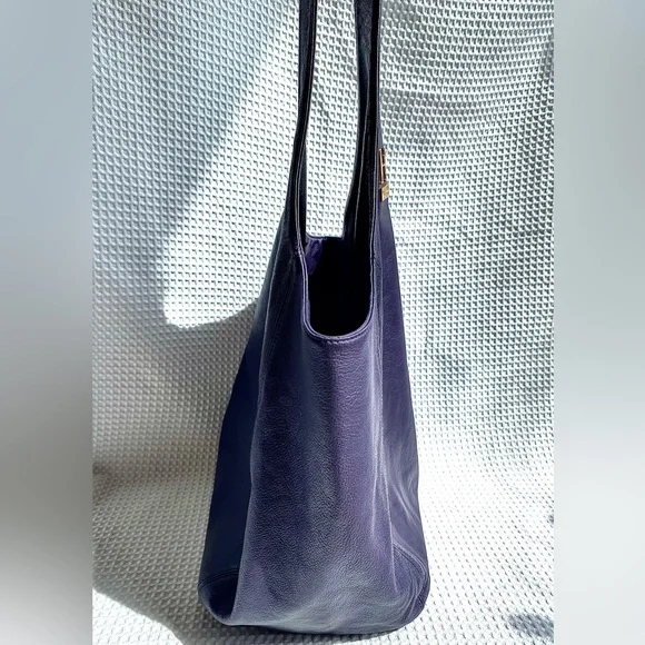 Halston Heritage Leather Tote XL oversized Bag eggplant purple slouchy hobo - Picture 3 of 12